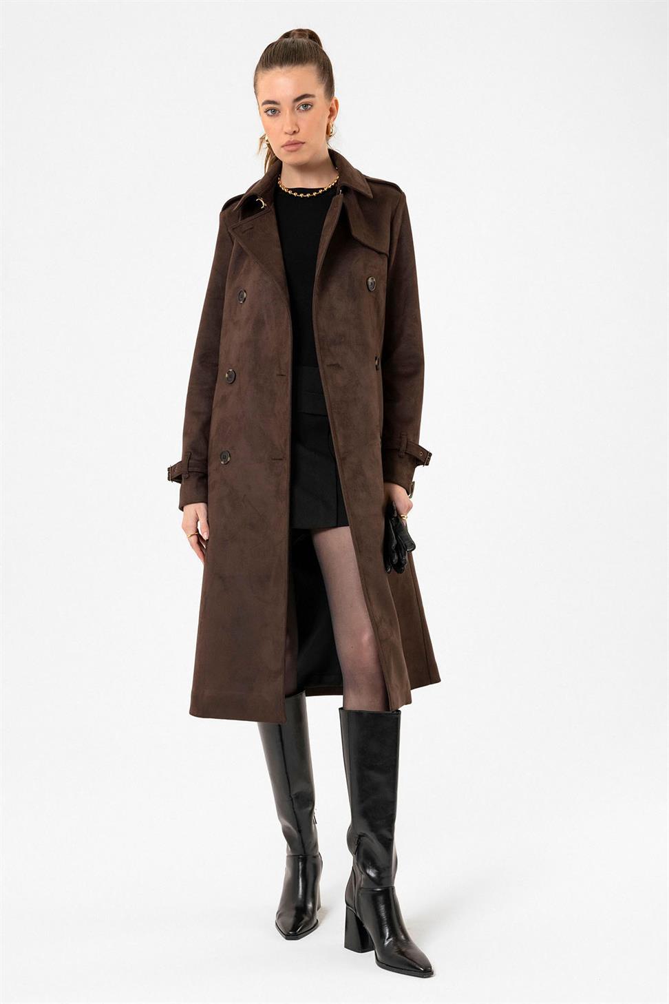 Antioch Kahve Kadın Kemerli Nubuk Trençkot