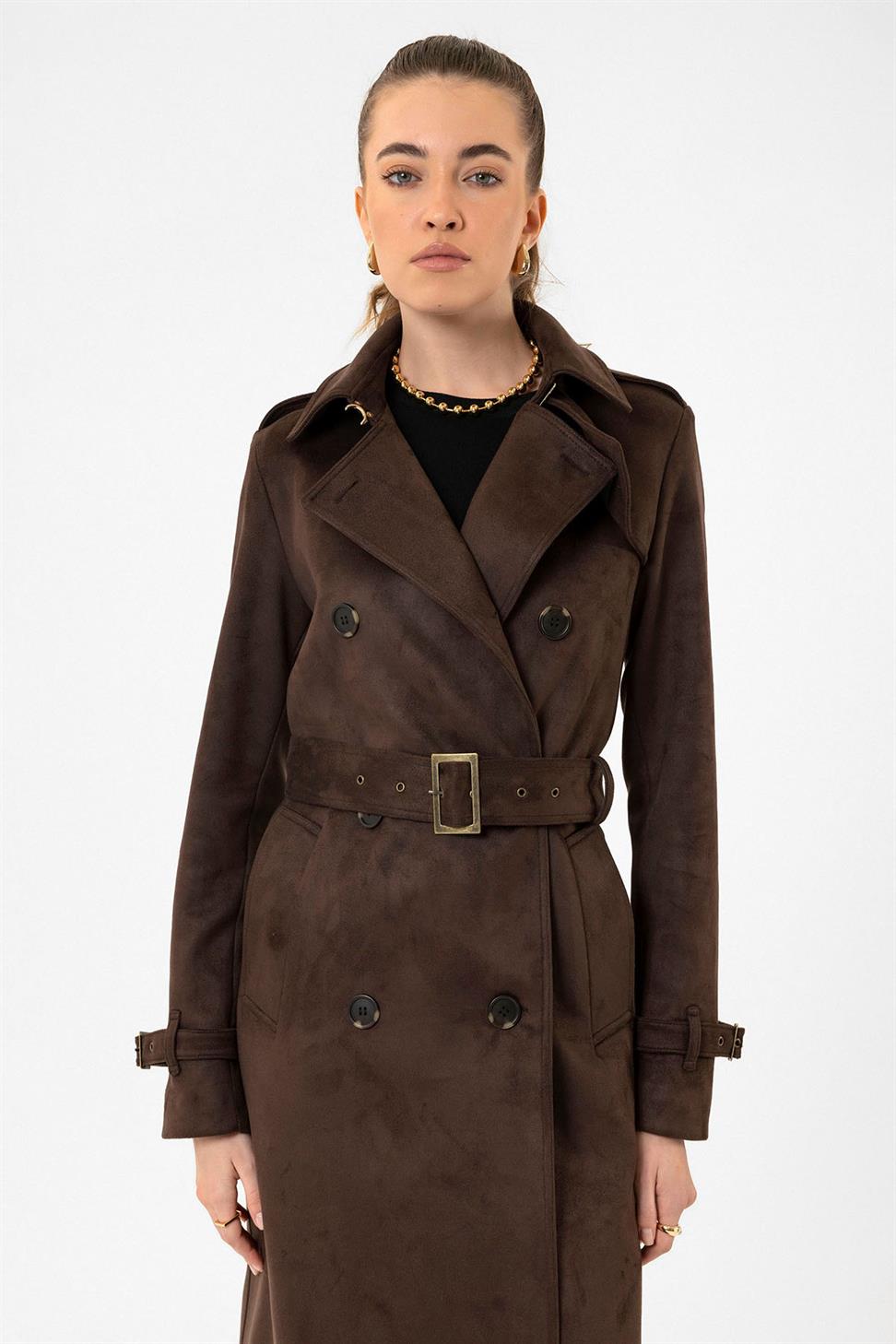Antioch Kahve Kadın Kemerli Nubuk Trençkot