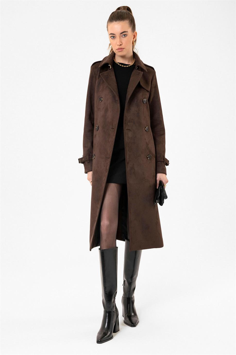 Antioch Kahve Kadın Kemerli Nubuk Trençkot