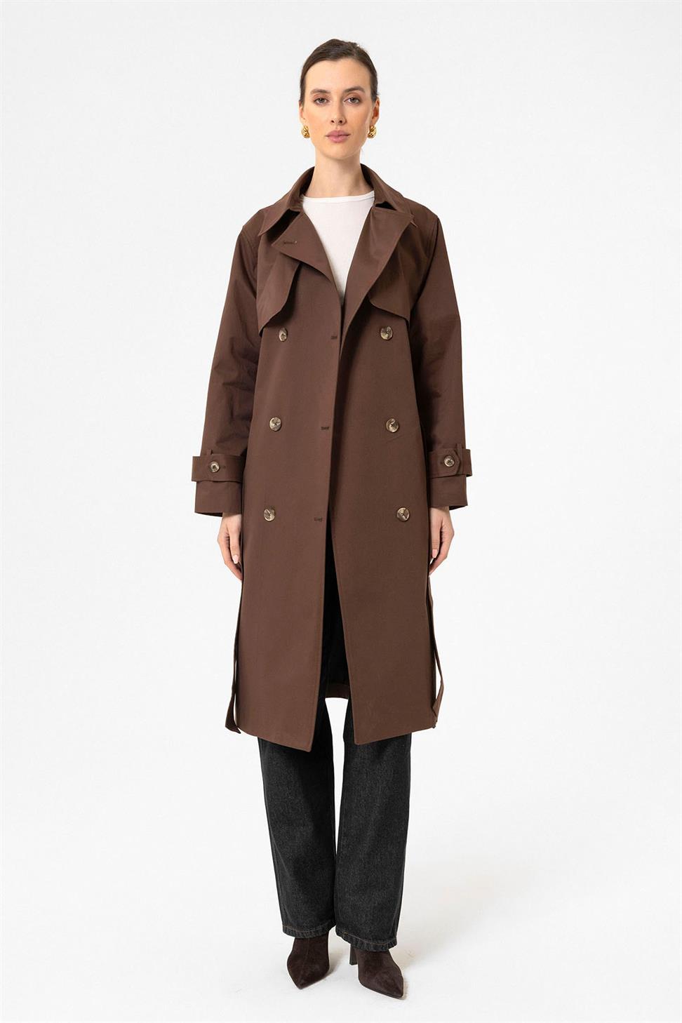 Antioch Kahve Kadın Kruvaze Kapama Kemerli Trençkot
