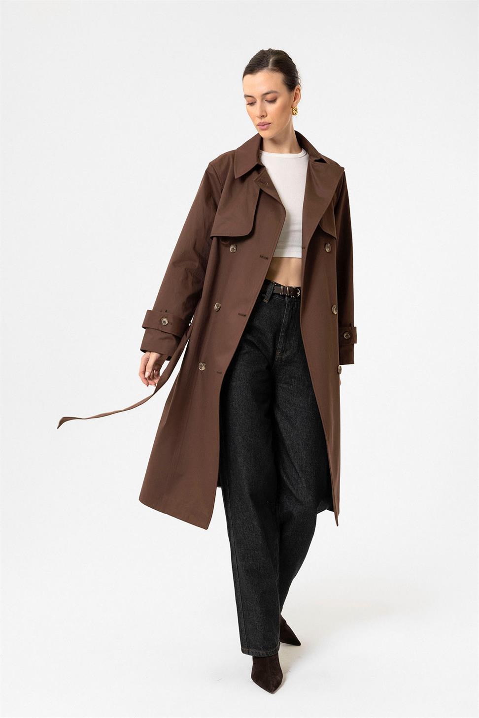 Antioch Kahve Kadın Kruvaze Kapama Kemerli Trençkot
