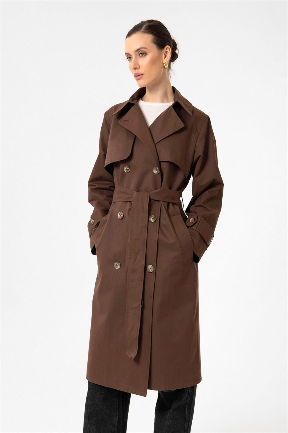 Antioch Kahve Kadın Kruvaze Kapama Kemerli Trençkot
