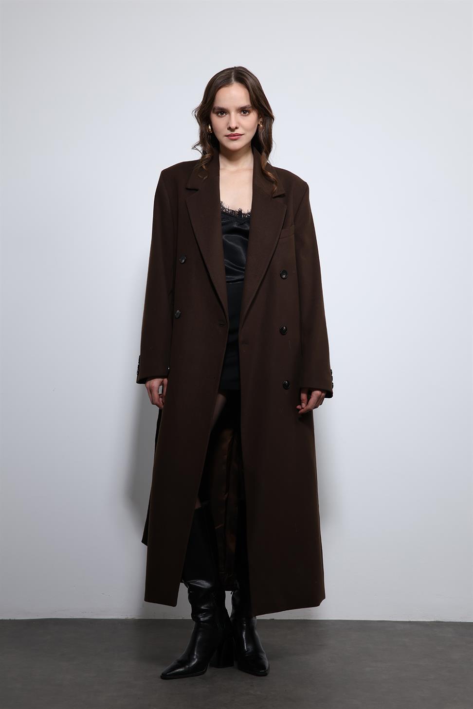 Antioch Kahve Kadın Kuşaklı Kruvaze Kaban