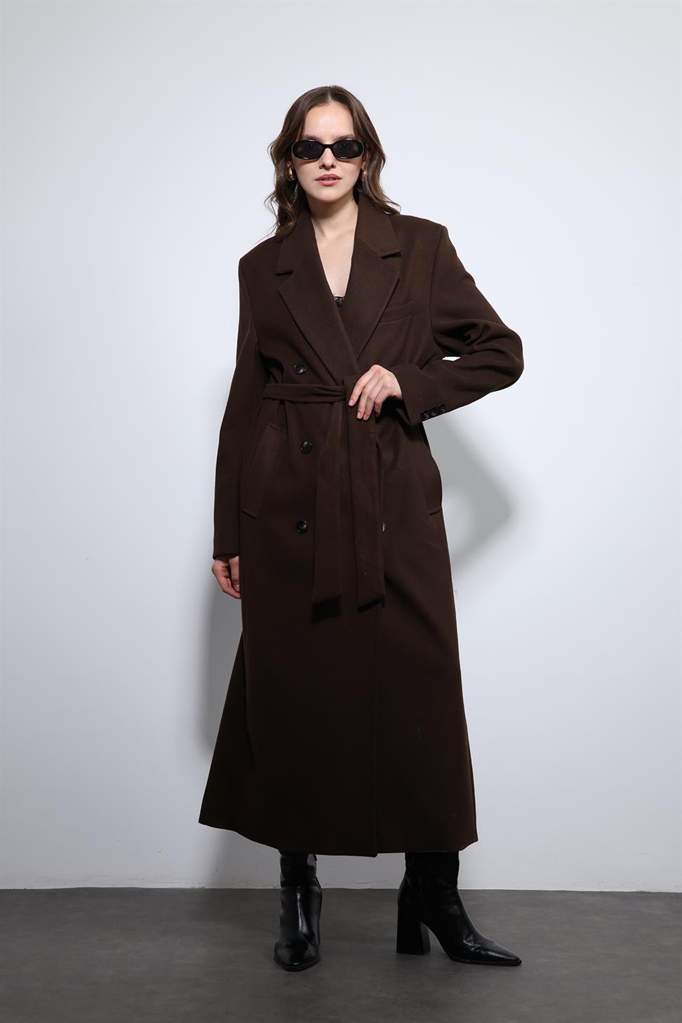 Antioch Kahve Kadın Kuşaklı Kruvaze Kaban