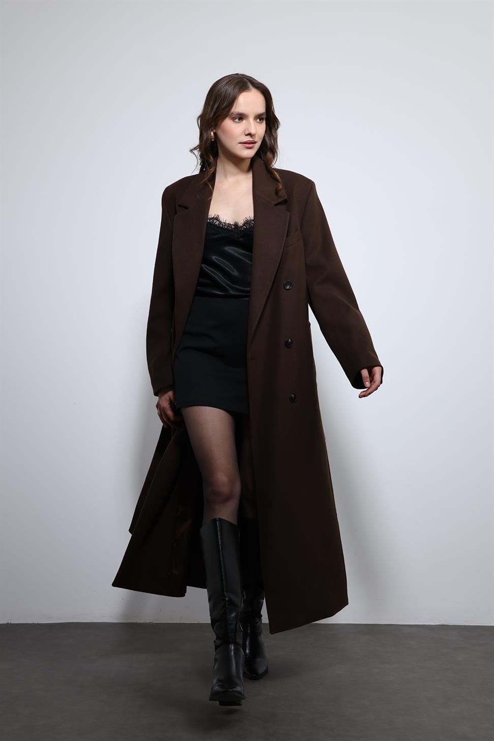 Antioch Kahve Kadın Kuşaklı Kruvaze Kaban