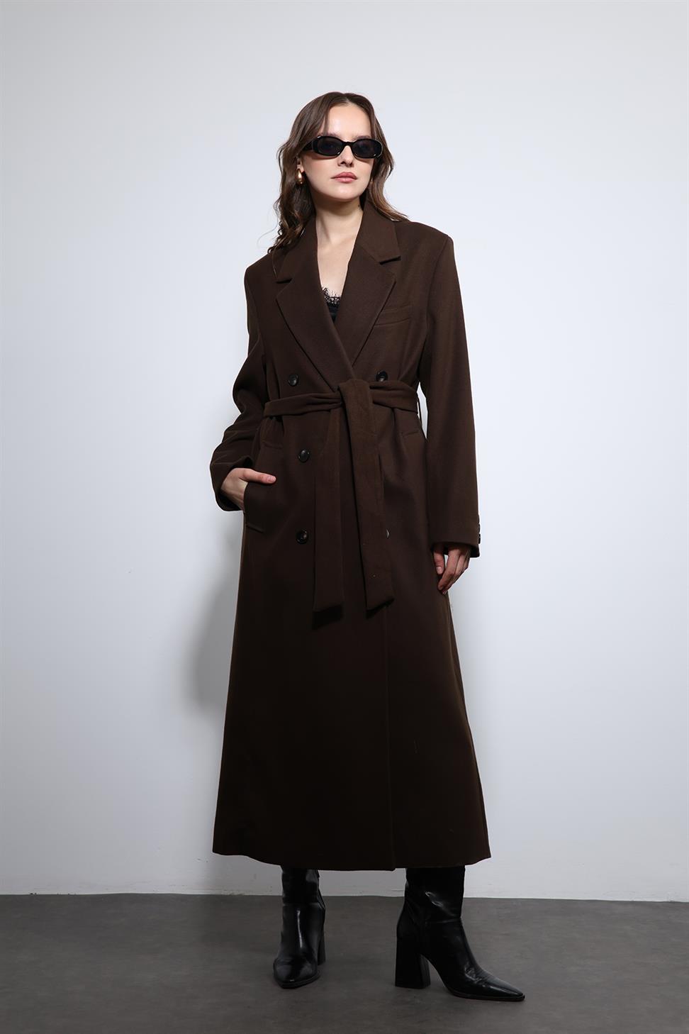 Antioch Kahve Kadın Kuşaklı Kruvaze Kaban