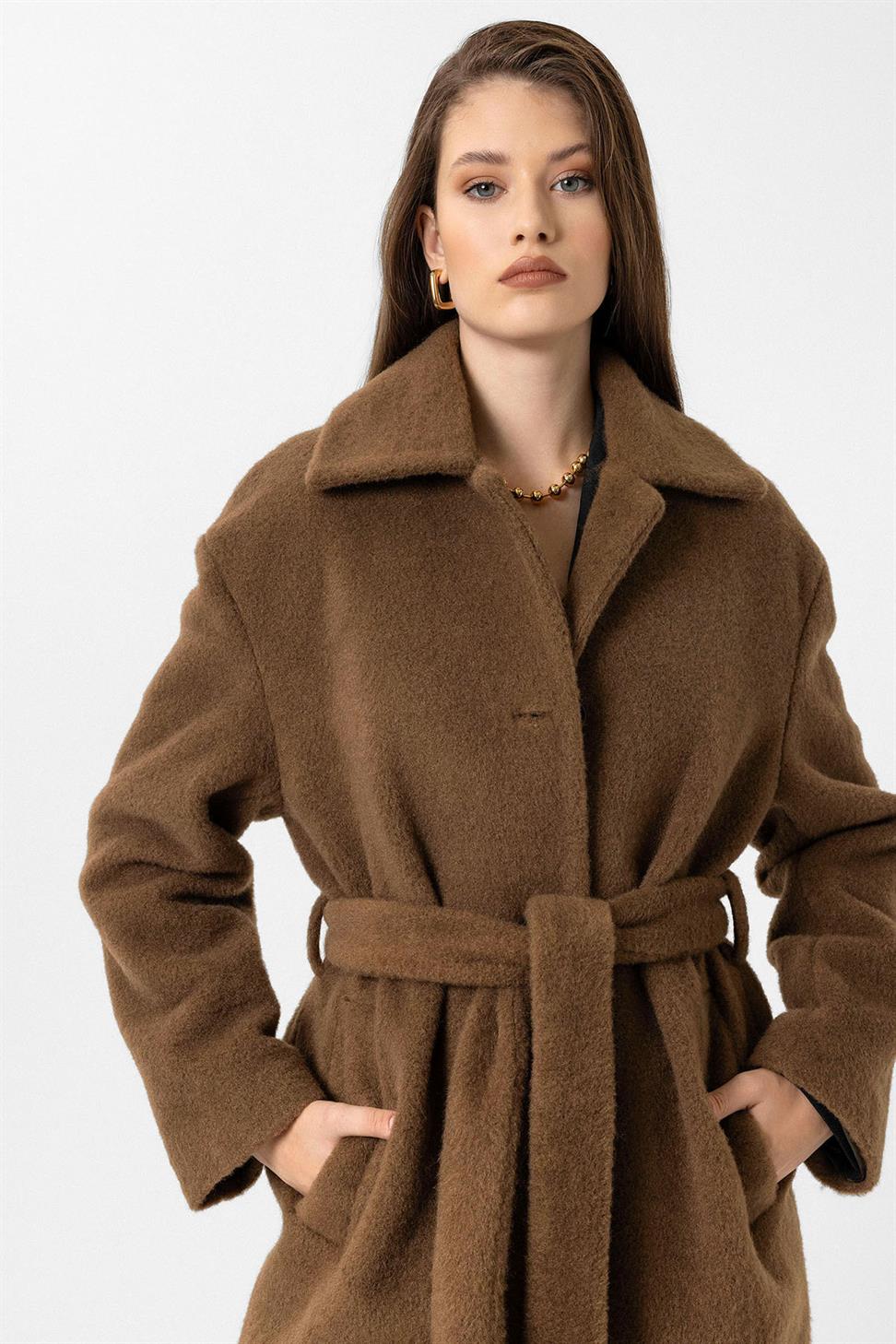 Antioch Kahve Kadın Kuşaklı Yumuşak Dokulu Kaban