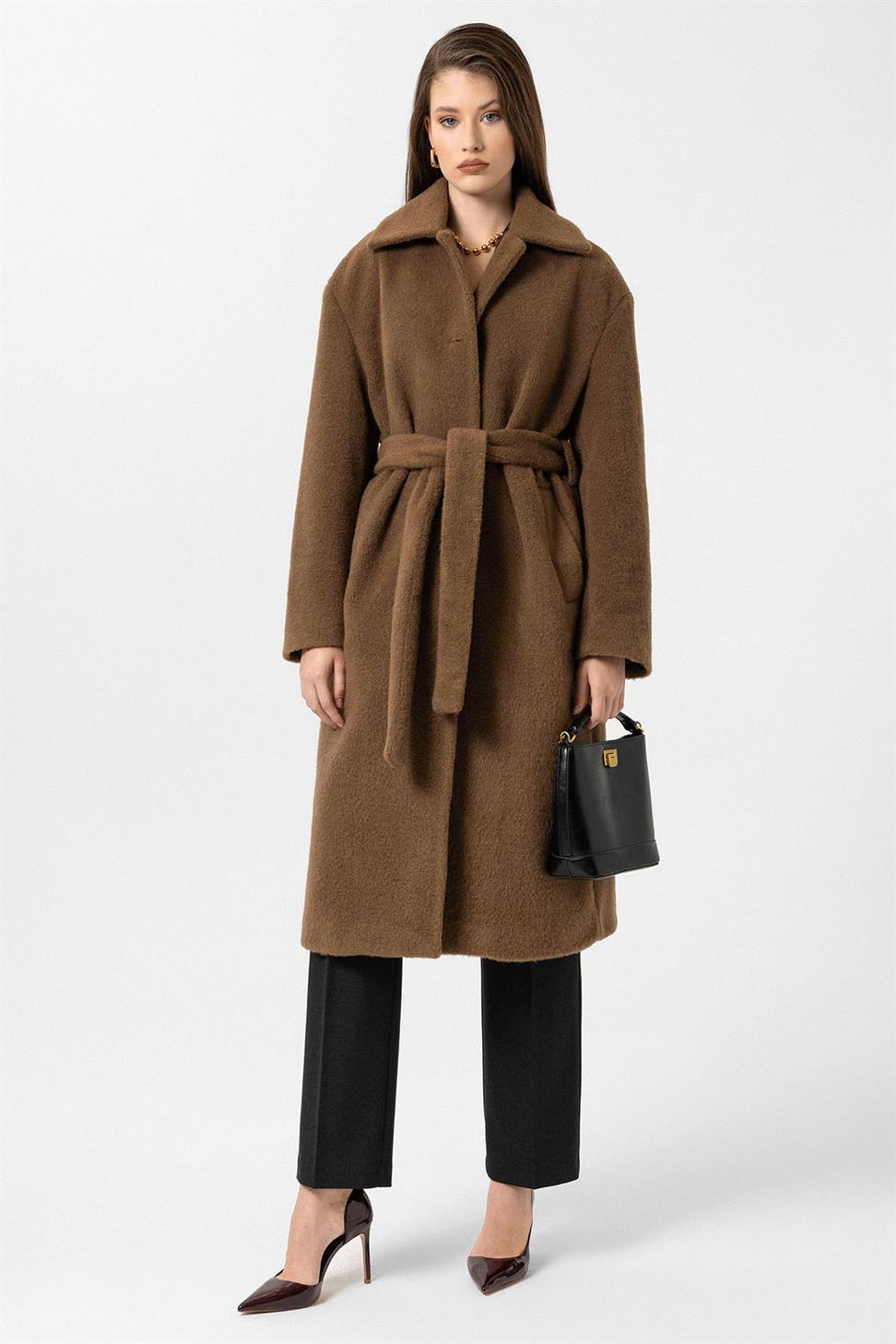 Antioch Kahve Kadın Kuşaklı Yumuşak Dokulu Kaban