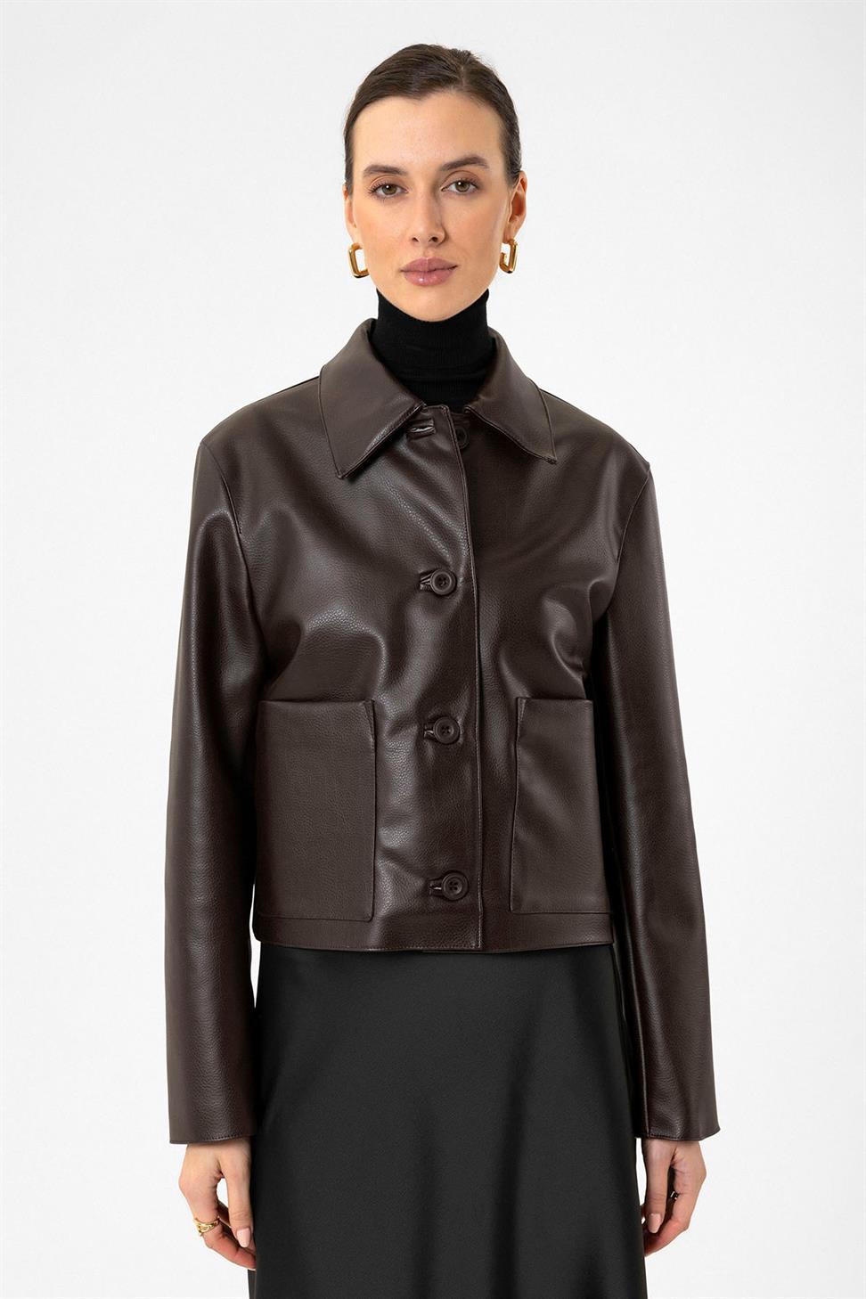 Antioch Kahve Kadın Polo Yaka Suni Deri Ceket