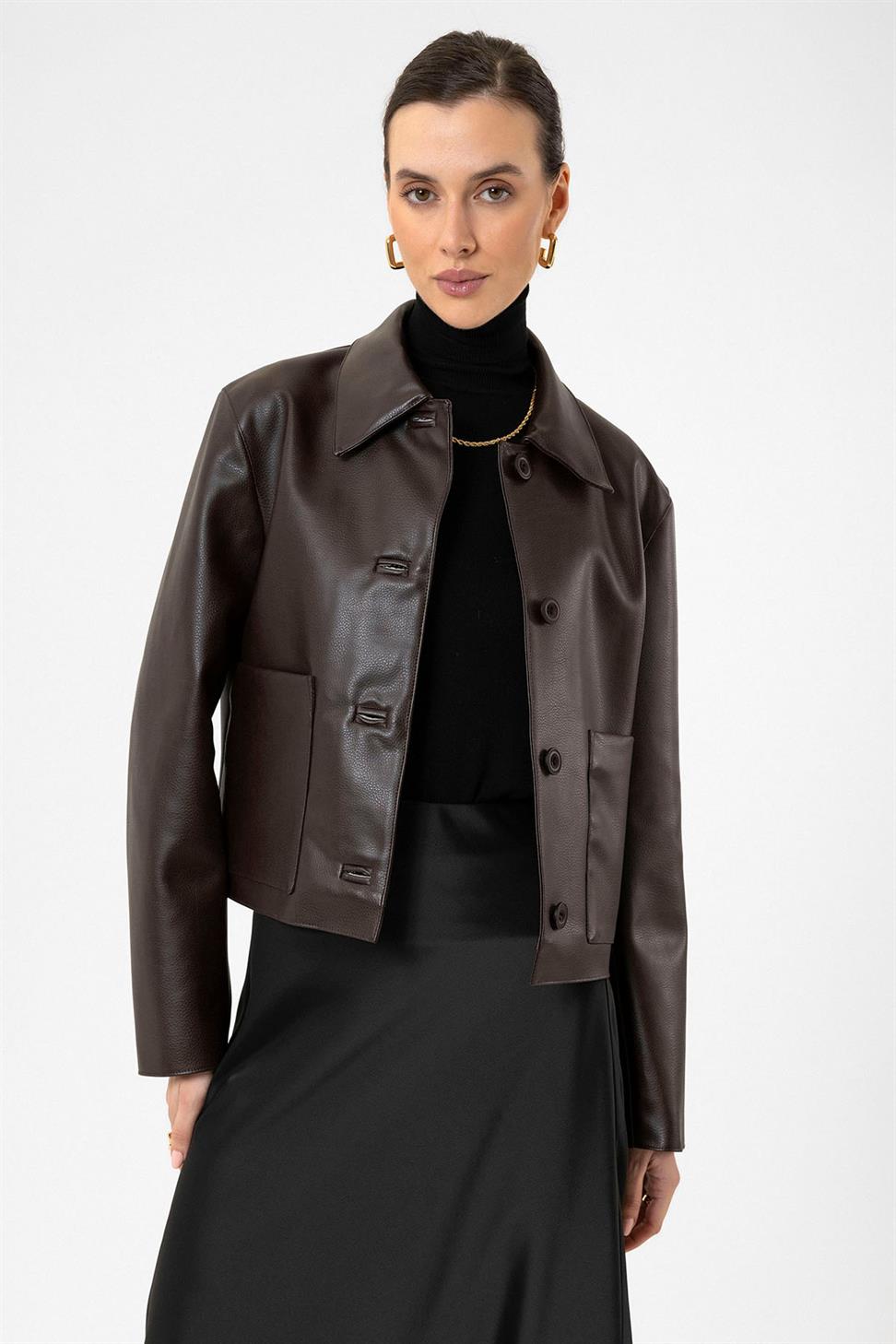 Antioch Kahve Kadın Polo Yaka Suni Deri Ceket