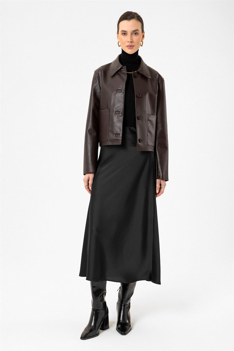 Antioch Kahve Kadın Polo Yaka Suni Deri Ceket