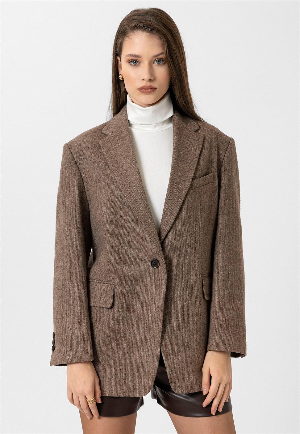 Womens Relaxed Fit Fishbone Pattern Blazer Jacket