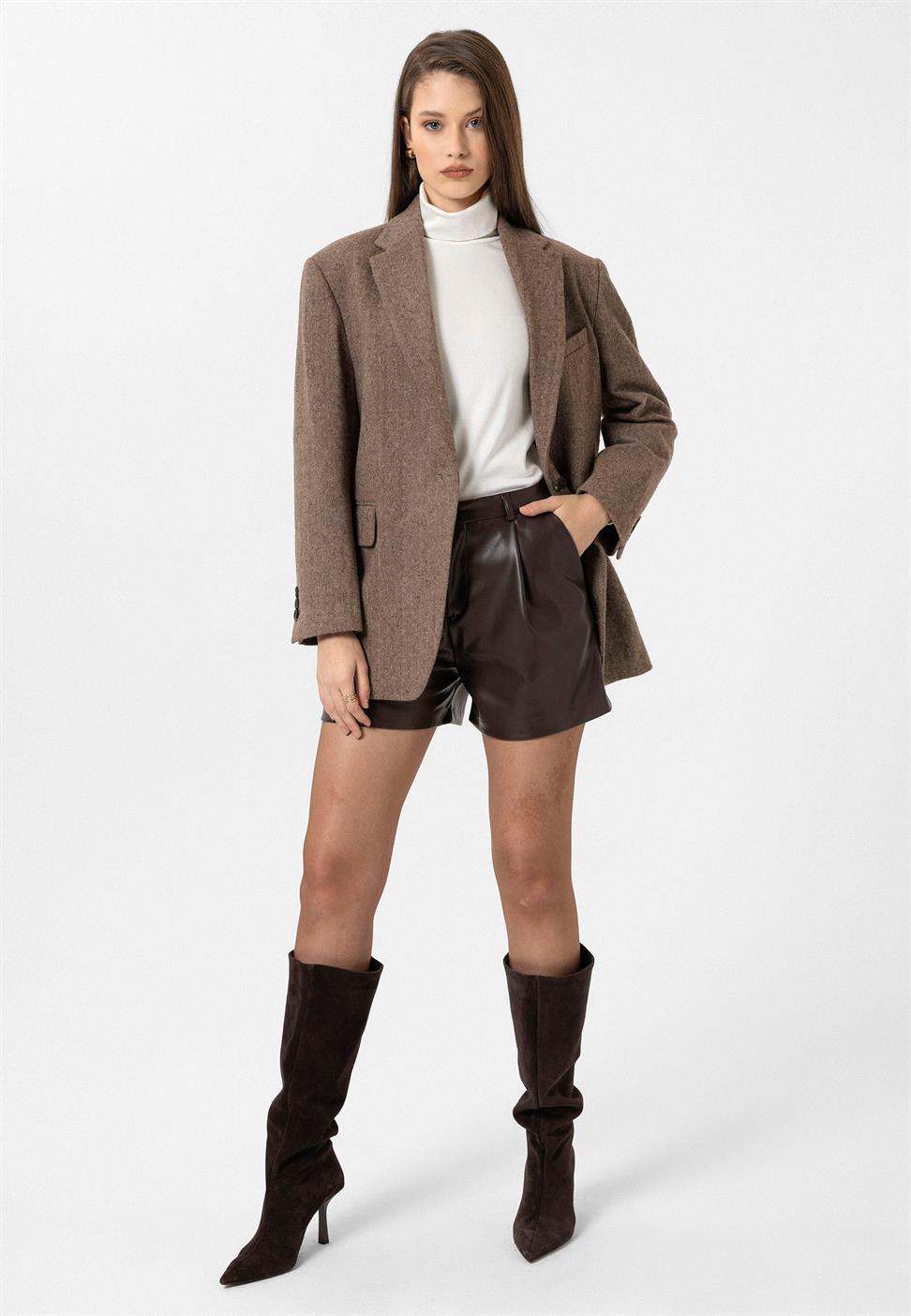 Antioch Kahve Kadın Relax Fit Balıksırtı Desenli Blazer Ceket