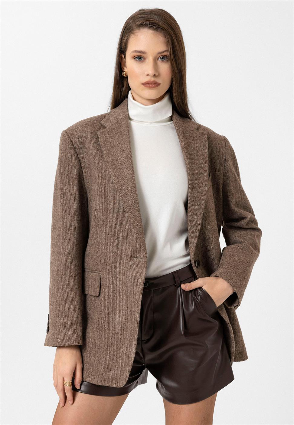 Antioch Kahve Kadın Relax Fit Balıksırtı Desenli Blazer Ceket