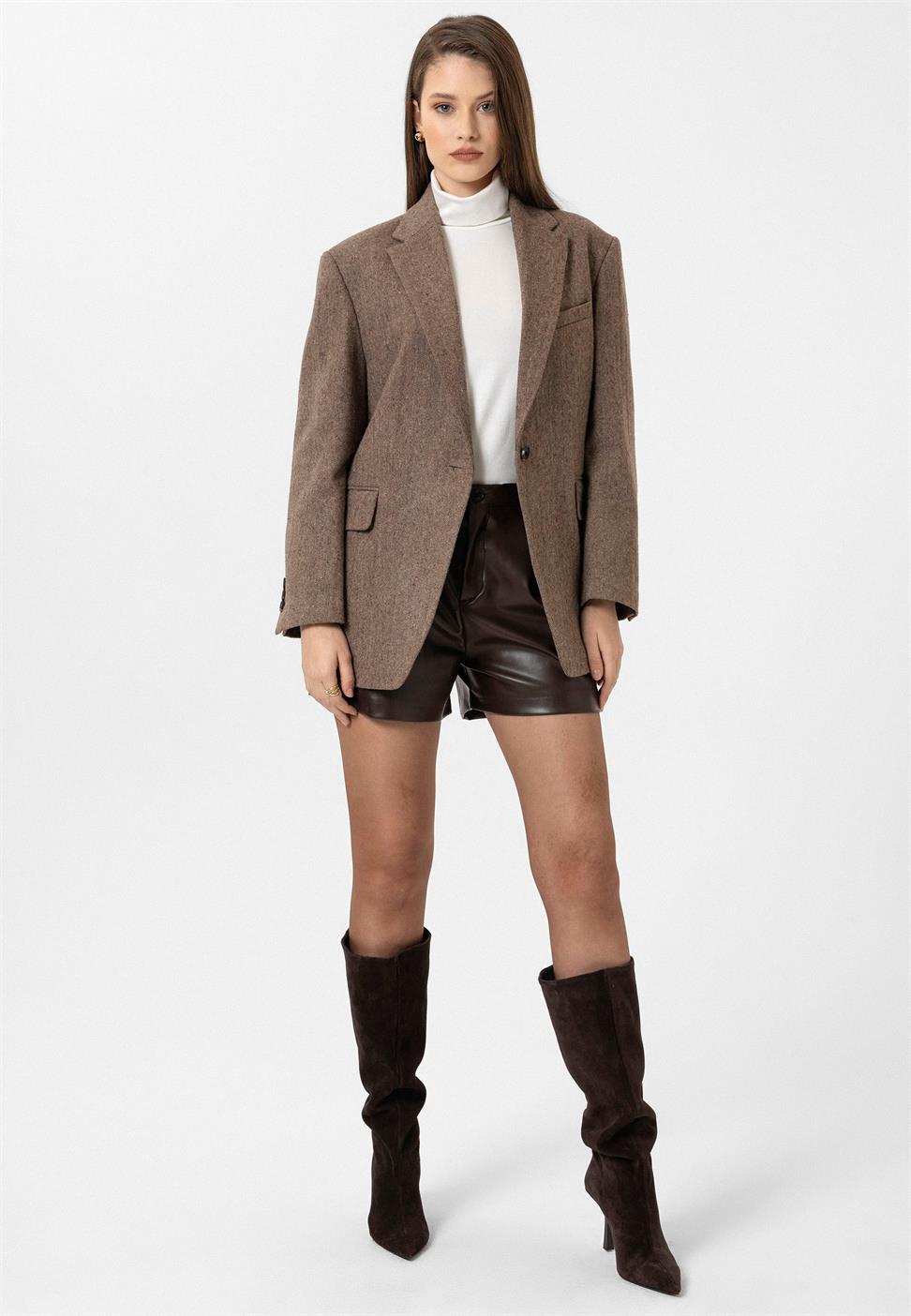 Antioch Kahve Kadın Relax Fit Balıksırtı Desenli Blazer Ceket