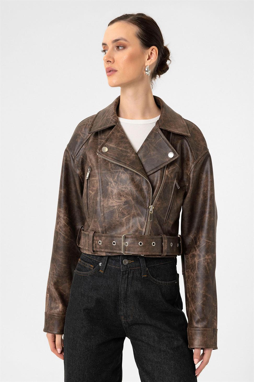 Antioch Kahve Kadın Suni Deri Crop Biker Ceket