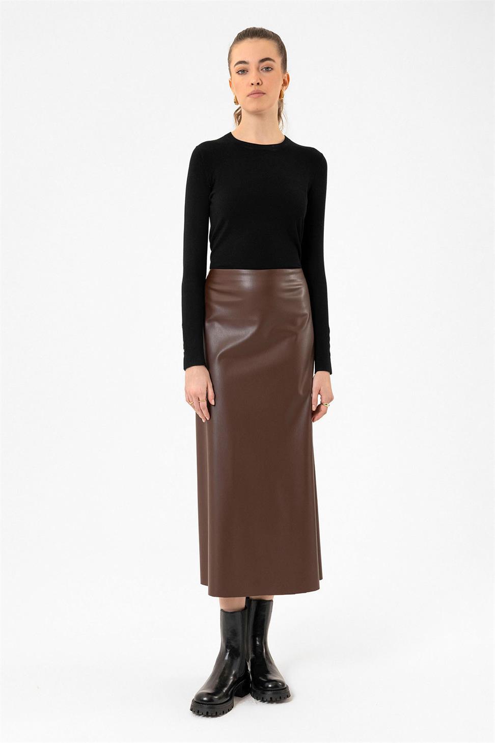 Antioch Kahve Kadın Suni Deri Midi Etek