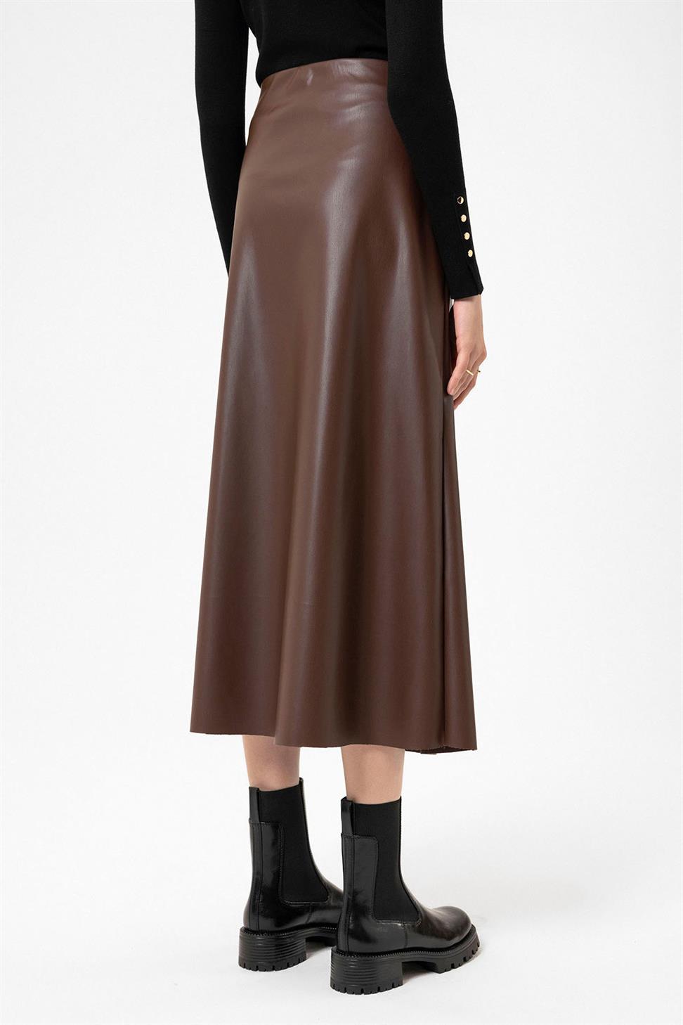 Antioch Kahve Kadın Suni Deri Midi Etek