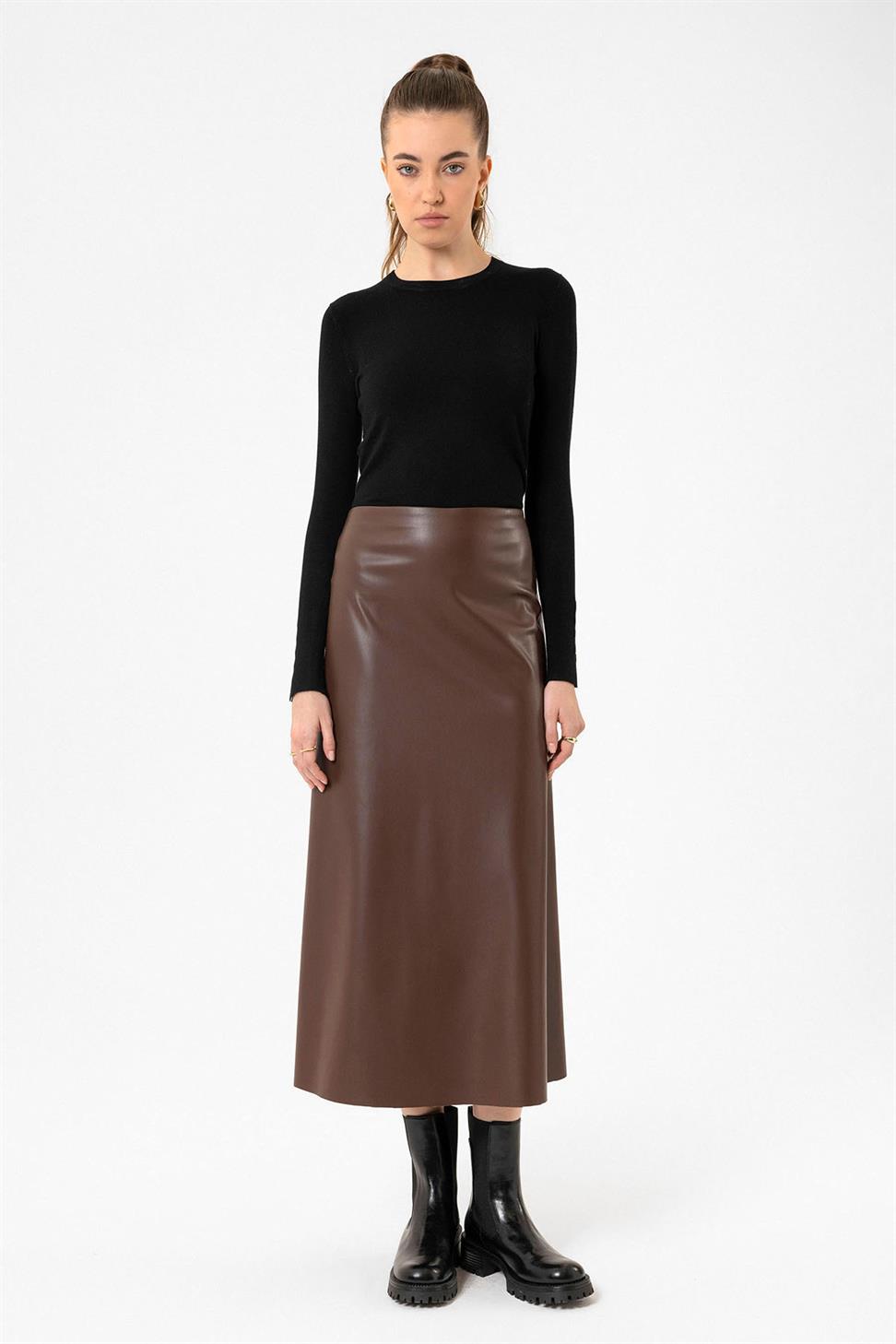 Antioch Kahve Kadın Suni Deri Midi Etek