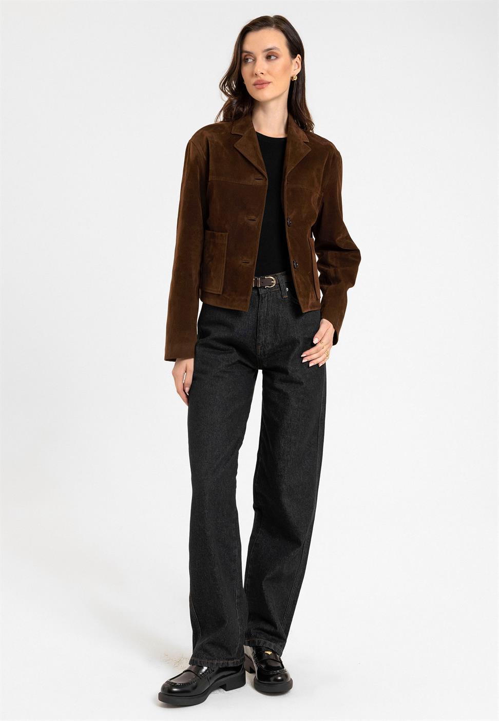 Antioch Kahve Kadın Suni Süet Crop Ceket