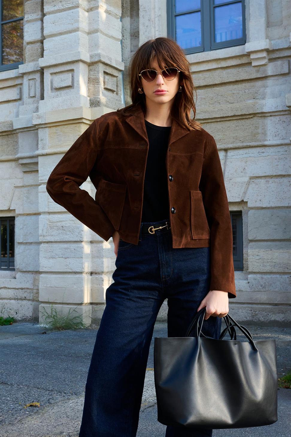 Antioch Kahve Kadın Suni Süet Crop Ceket