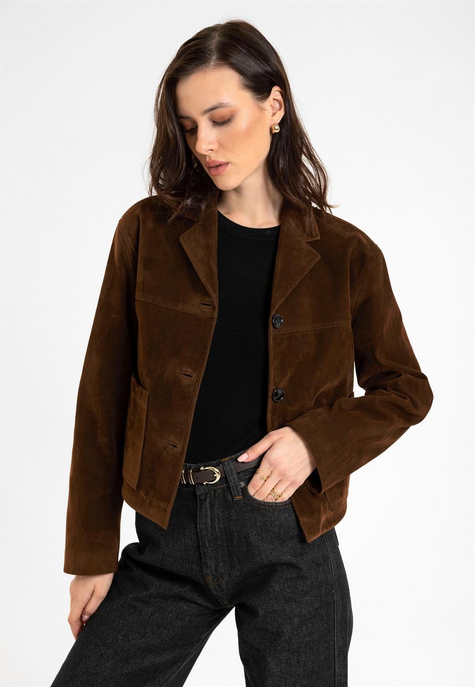 Antioch Kahve Kadın Suni Süet Crop Ceket