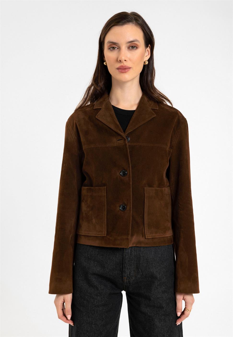Antioch Kahve Kadın Suni Süet Crop Ceket