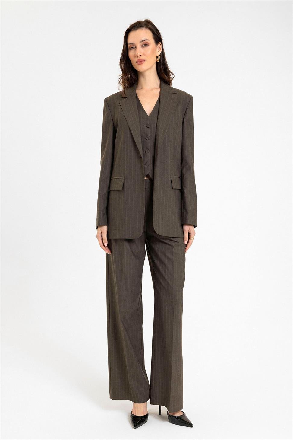 Antioch Kahve Kadın Tek Düğme Çizgili Blazer Ceket