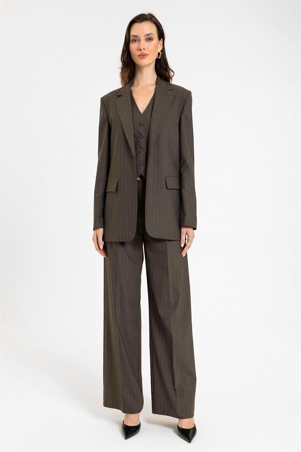 Antioch Kahve Kadın Tek Düğme Çizgili Blazer Ceket