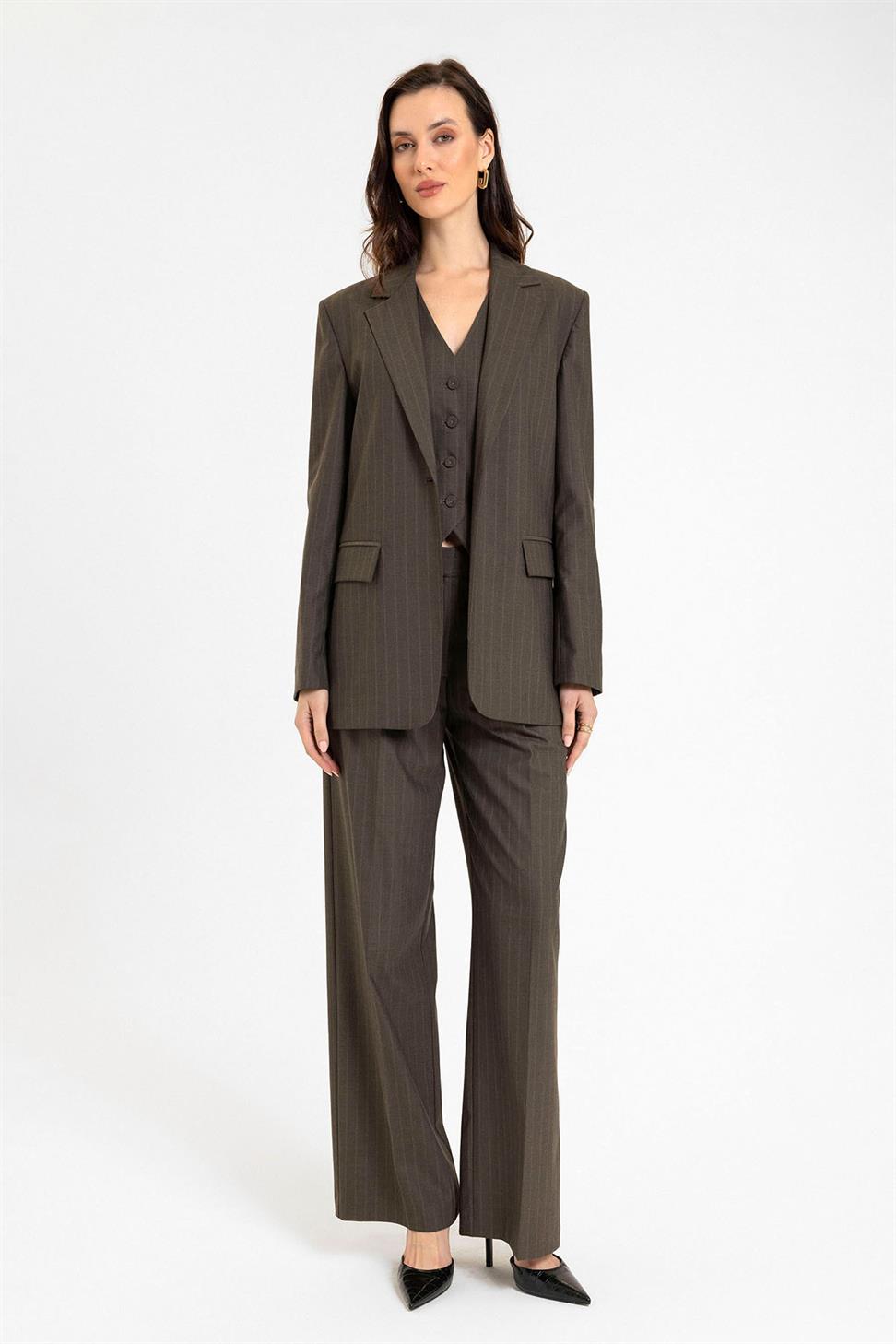 Antioch Kahve Kadın Tek Düğme Çizgili Blazer Ceket