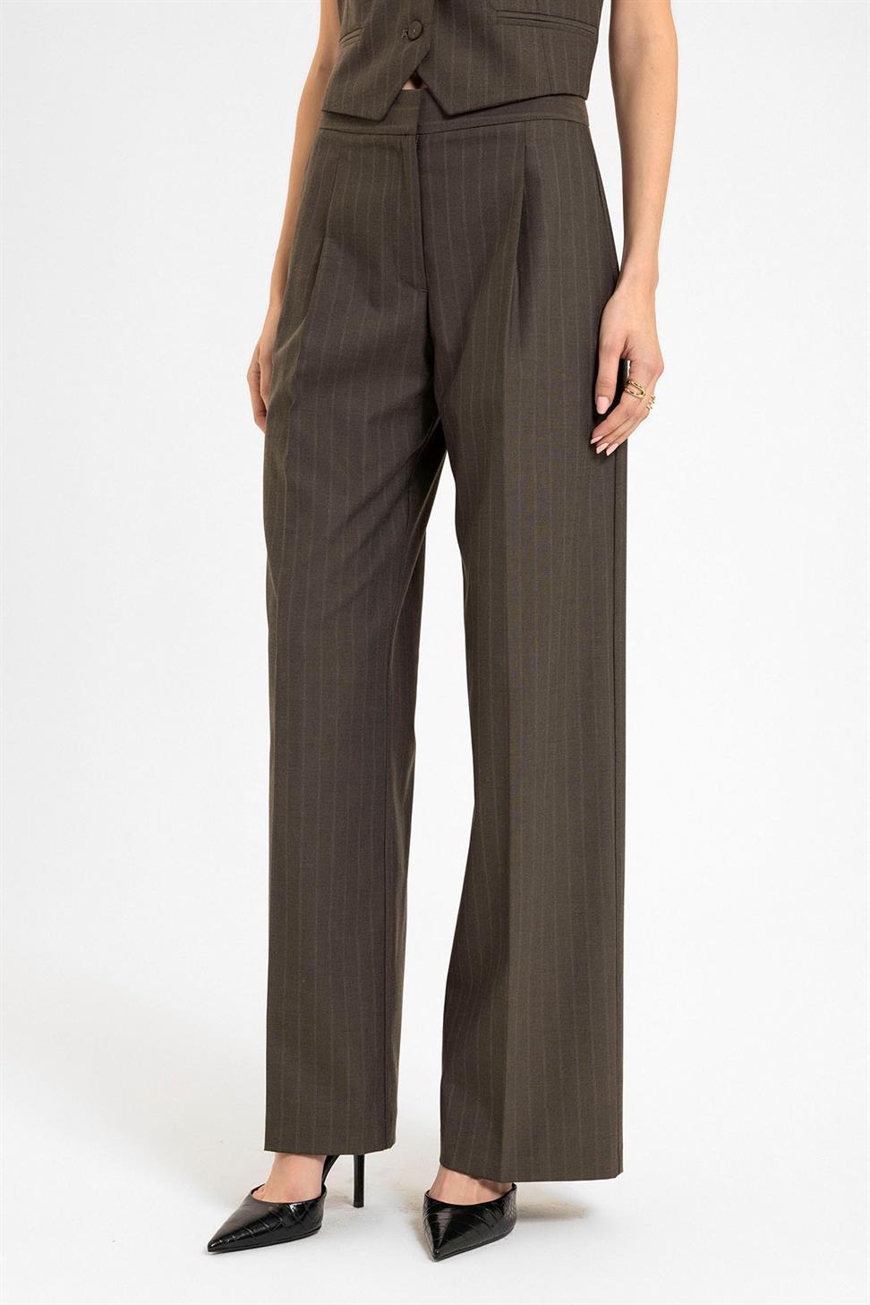 Antioch Kahve Kadın Yüksek Bel Çizgili Pantolon