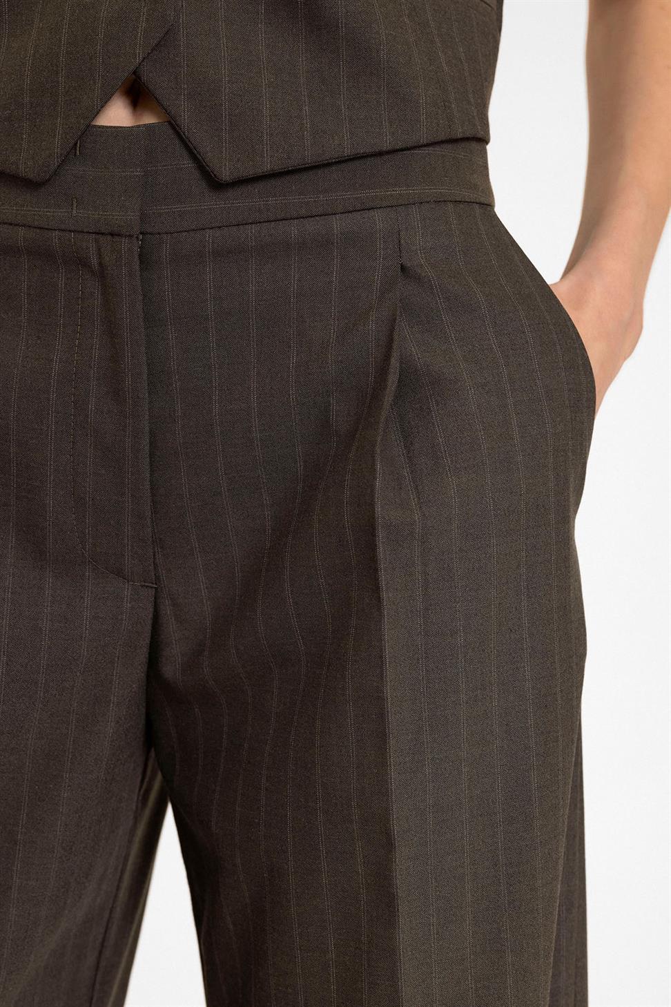 Antioch Kahve Kadın Yüksek Bel Çizgili Pantolon