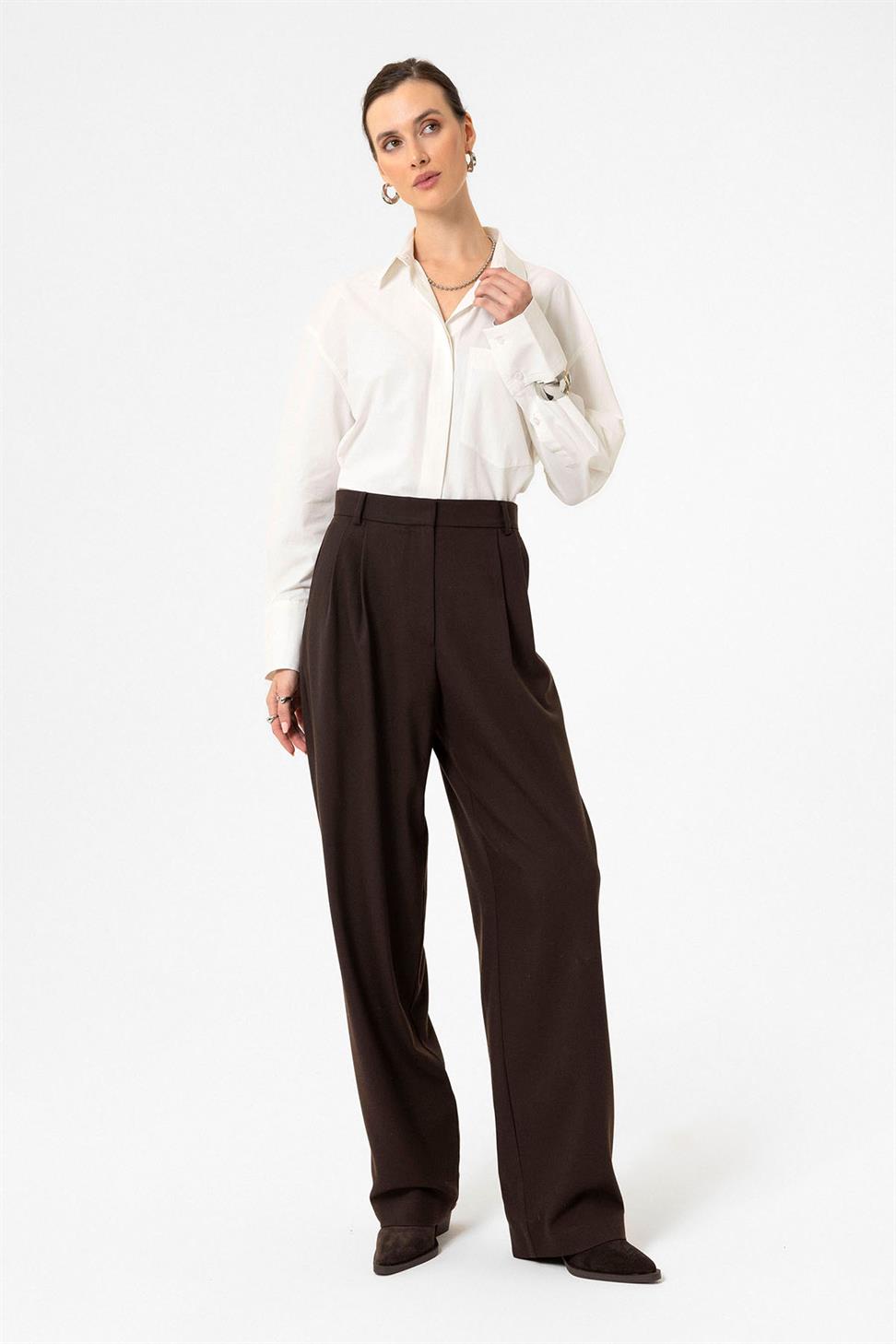 Antioch Kahve Kadın Yüksek Bel Pens Detaylı Straight Fit Pantolon
