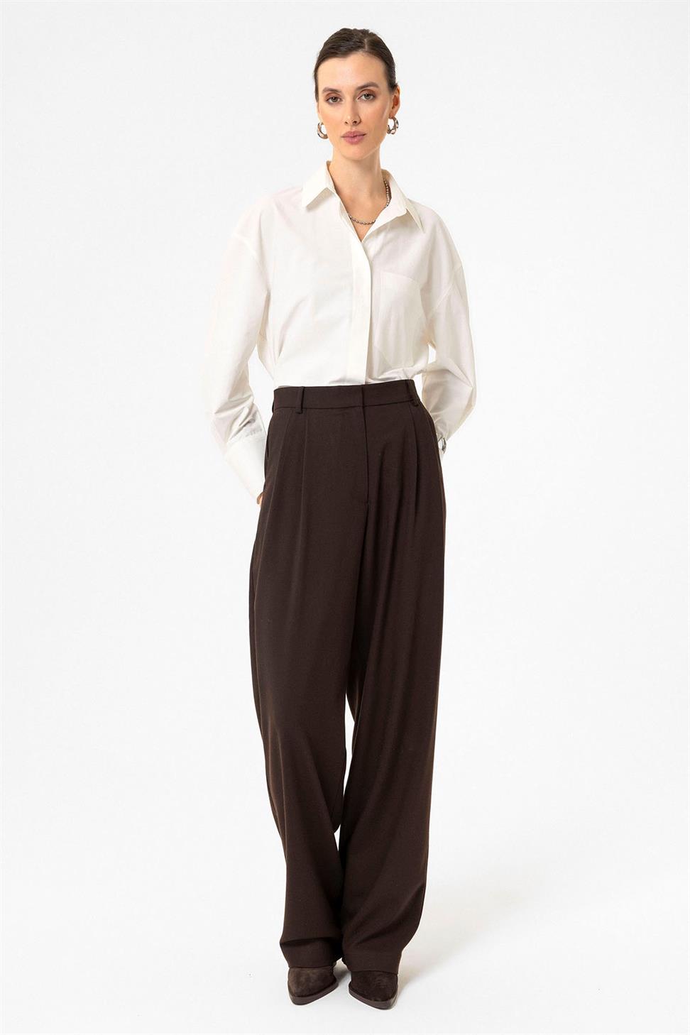 Antioch Kahve Kadın Yüksek Bel Pens Detaylı Straight Fit Pantolon