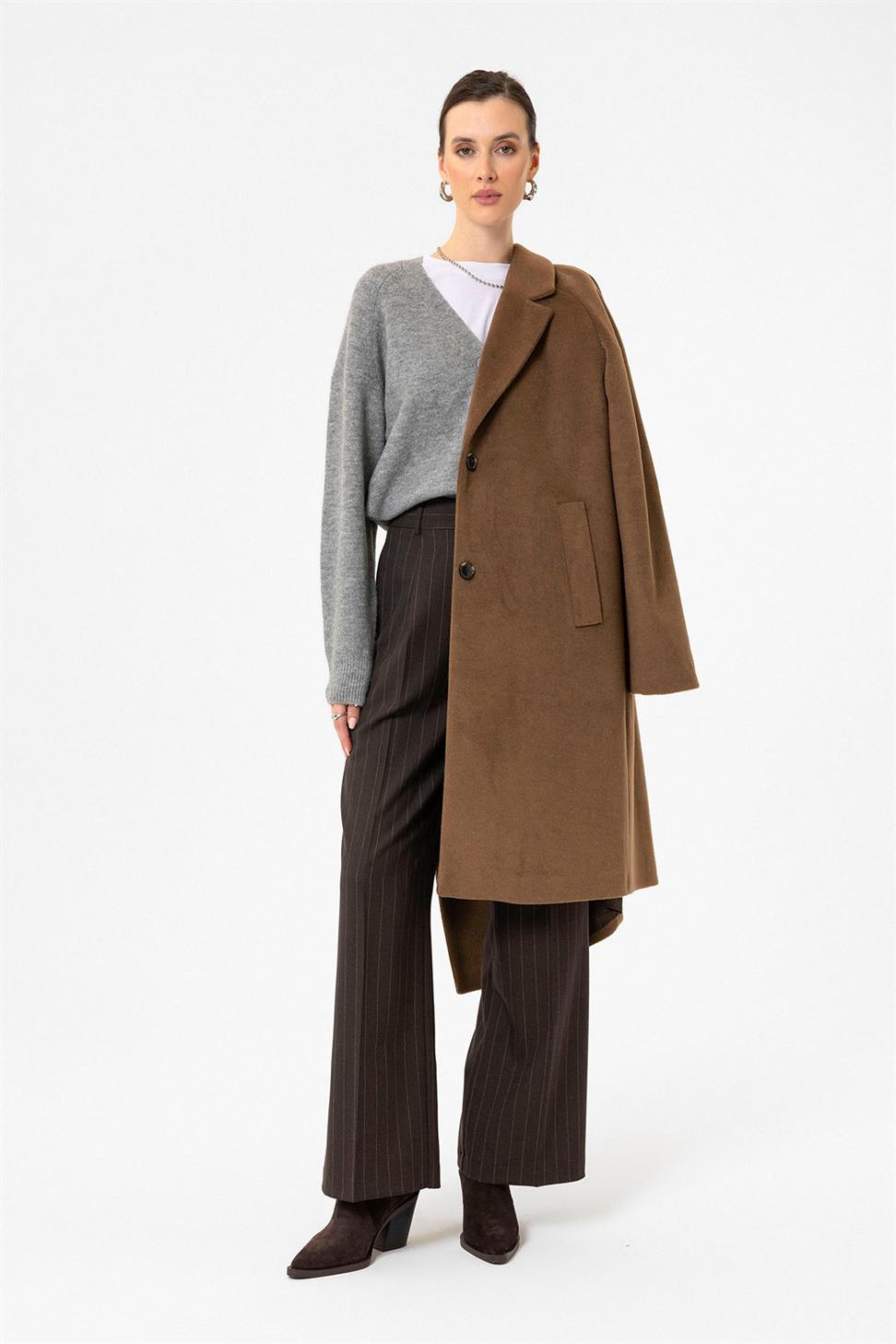 Antioch Kahve Kadın Yüksek Bel Pileli Çizgili Pantolon