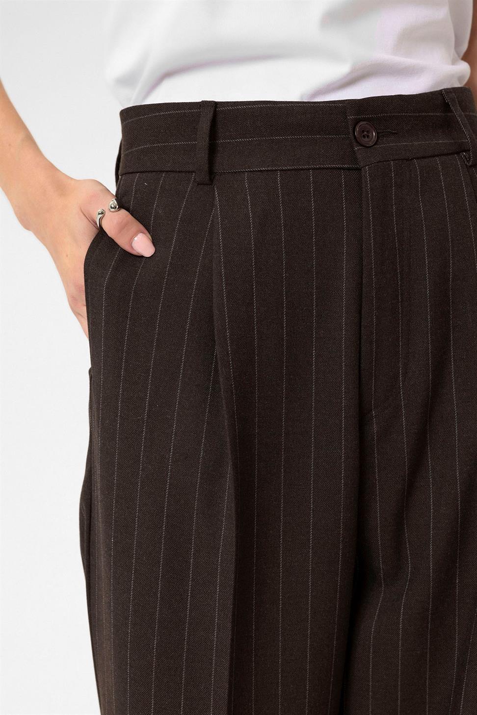 Antioch Kahve Kadın Yüksek Bel Pileli Çizgili Pantolon