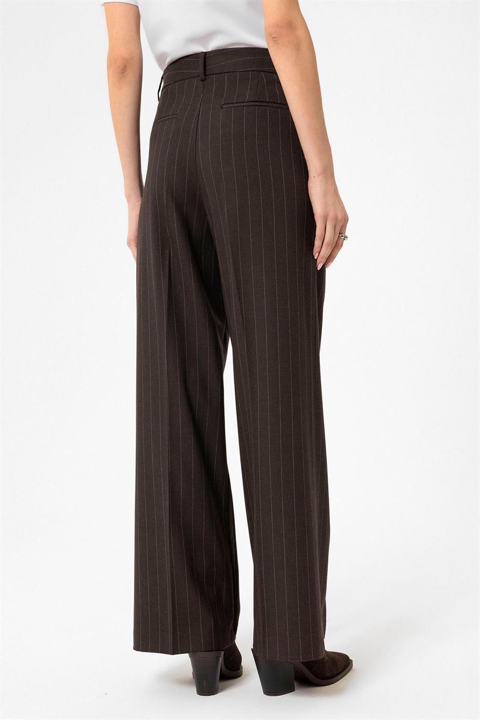 Antioch Kahve Kadın Yüksek Bel Pileli Çizgili Pantolon