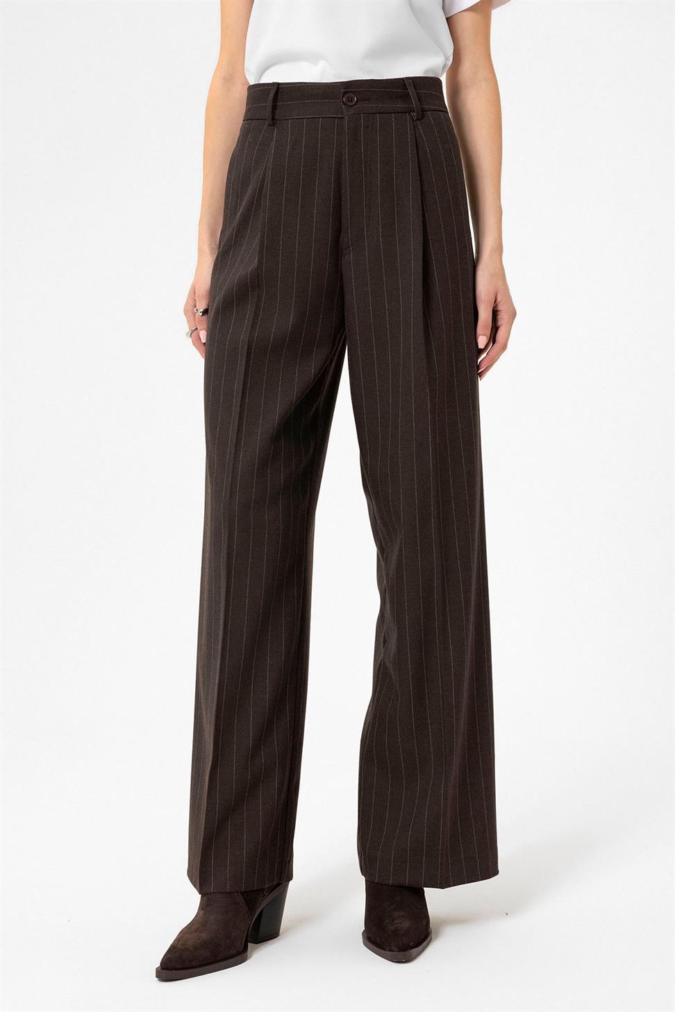 Antioch Kahve Kadın Yüksek Bel Pileli Çizgili Pantolon