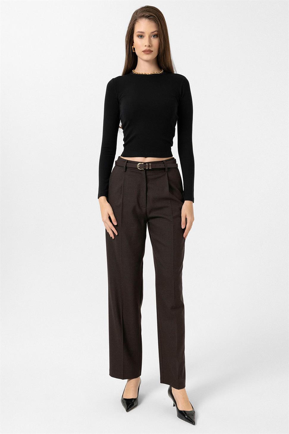 Antioch Kahve Kadın Yüksek Bel Pileli Pantolon