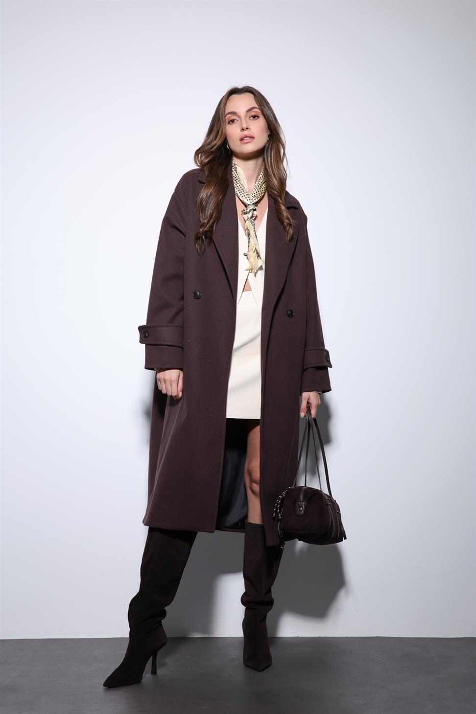 Antioch Kahve Kadın Yumuşak Dokulu Oversize Kruvaze Kaban