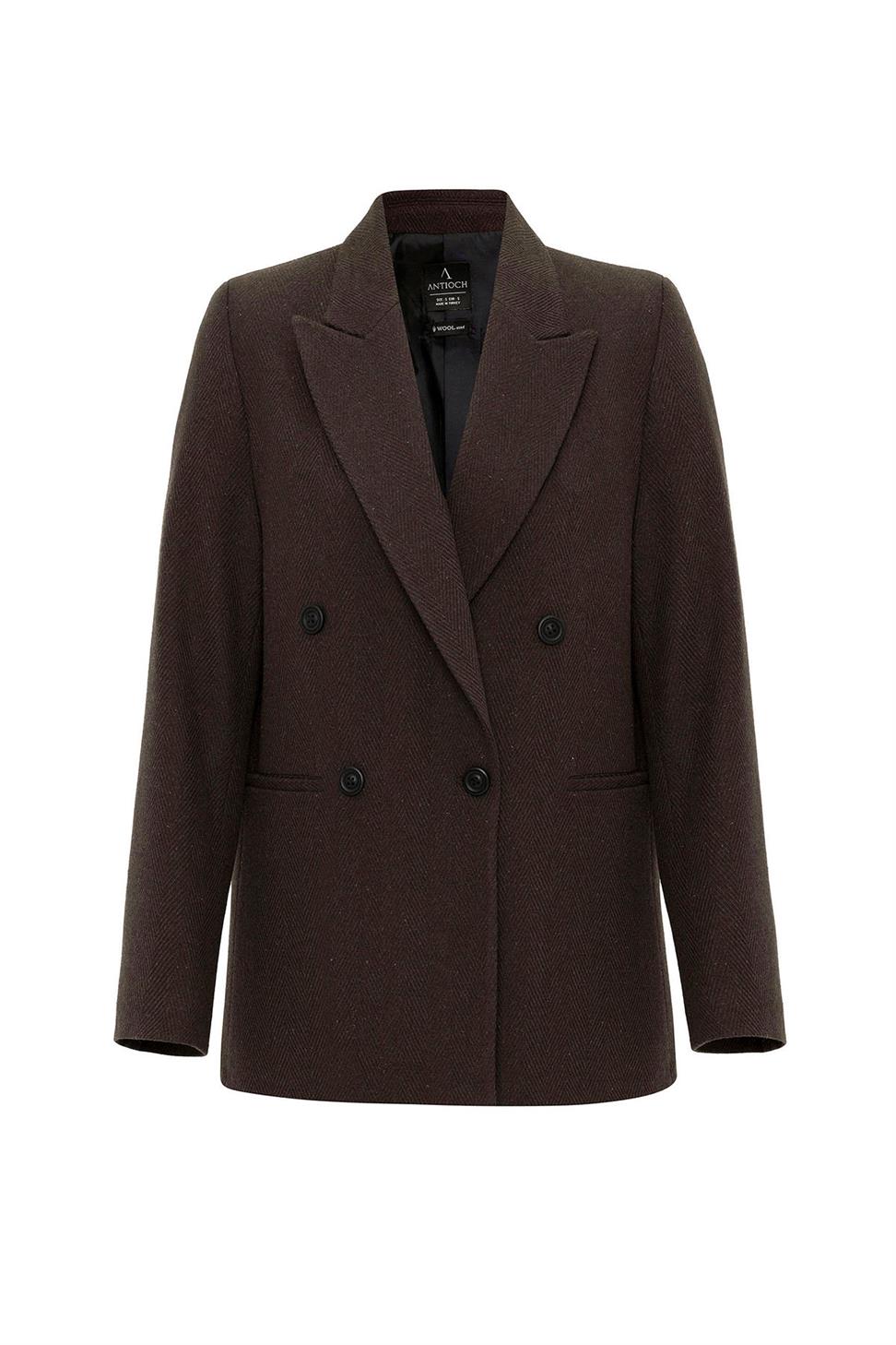 Antioch Kahve Kadın Yün Karışımlı Balıksırtı Desenli Blazer Ceket