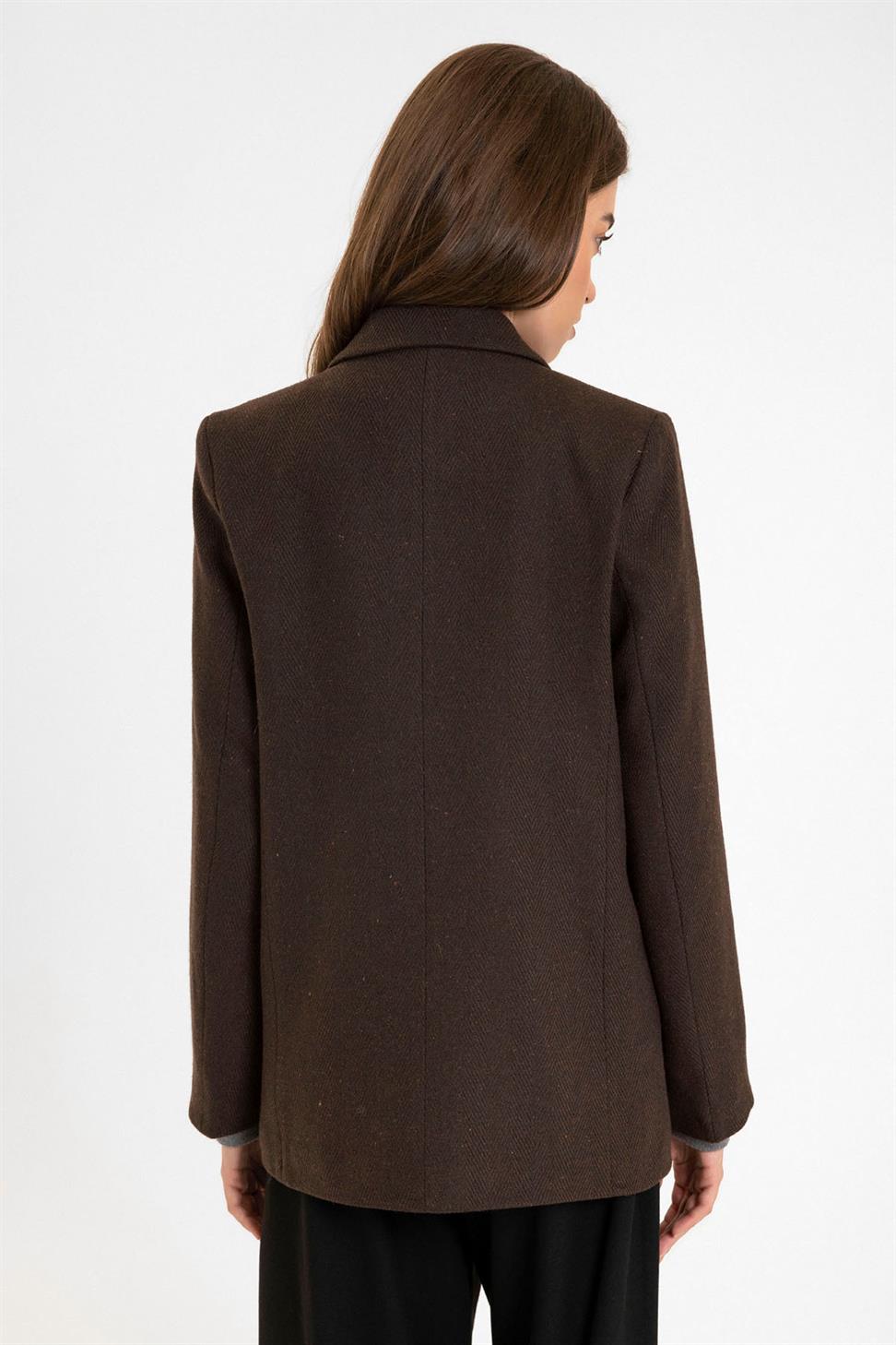 Antioch Kahve Kadın Yün Karışımlı Balıksırtı Desenli Blazer Ceket