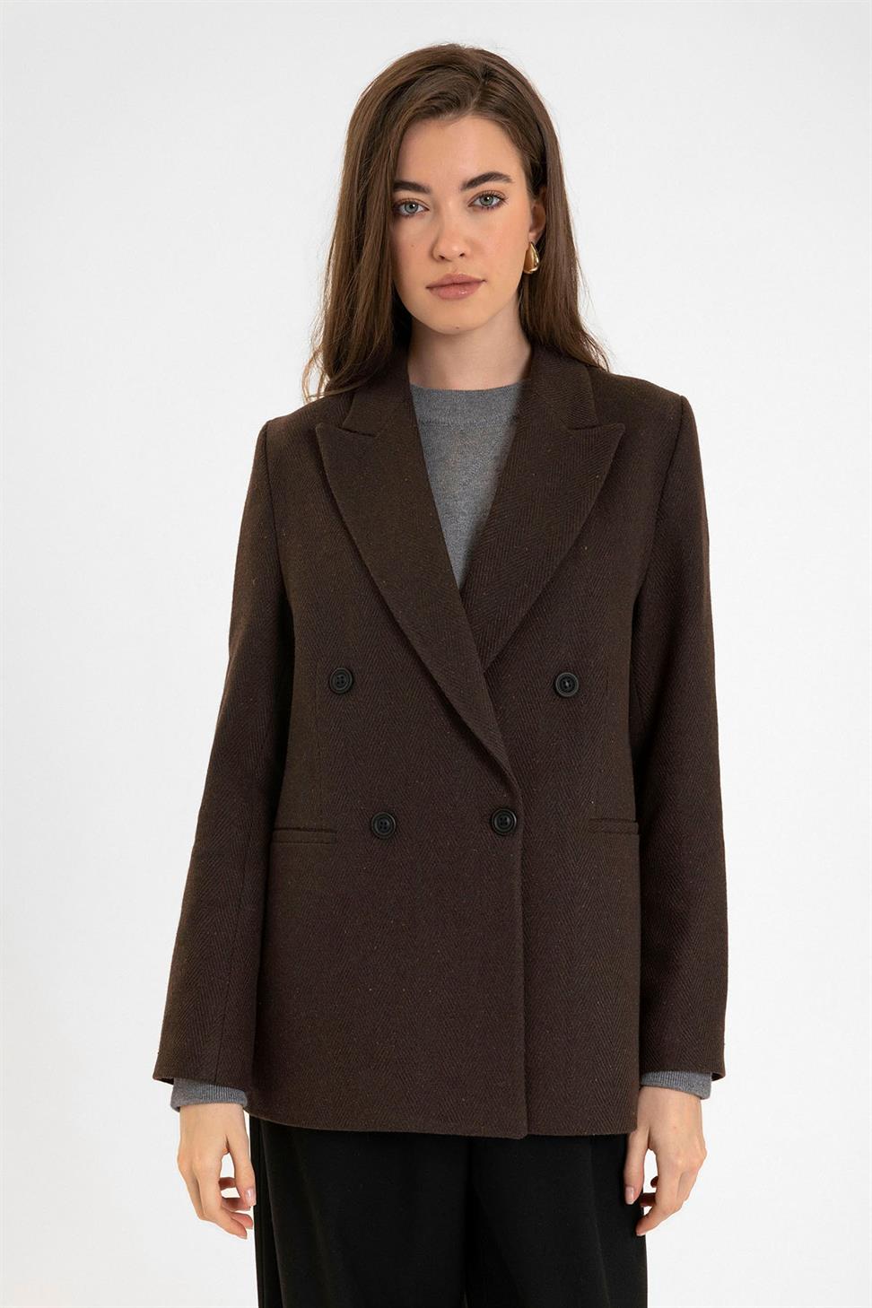 Antioch Kahve Kadın Yün Karışımlı Balıksırtı Desenli Blazer Ceket