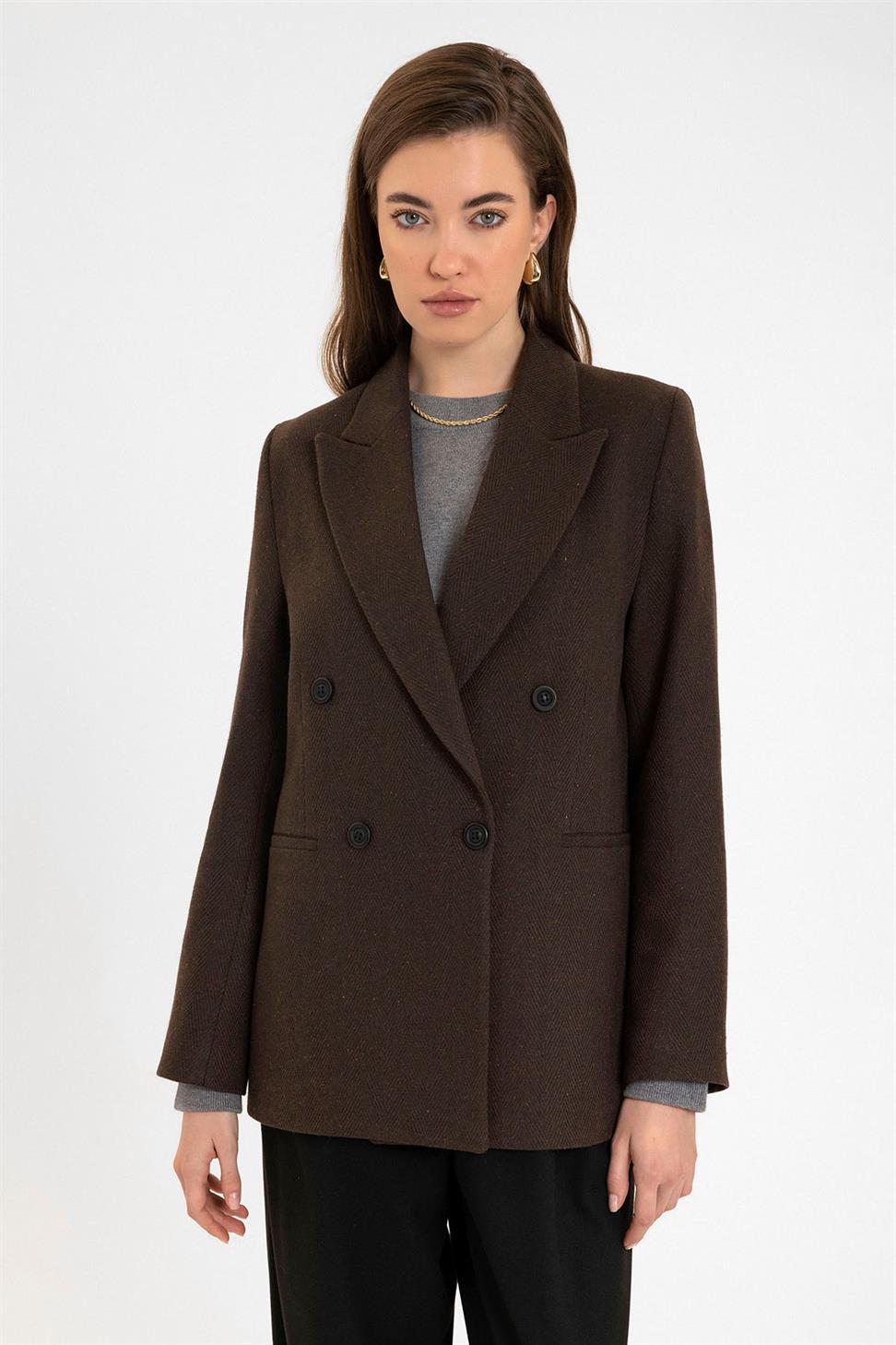 Antioch Kahve Kadın Yün Karışımlı Balıksırtı Desenli Blazer Ceket