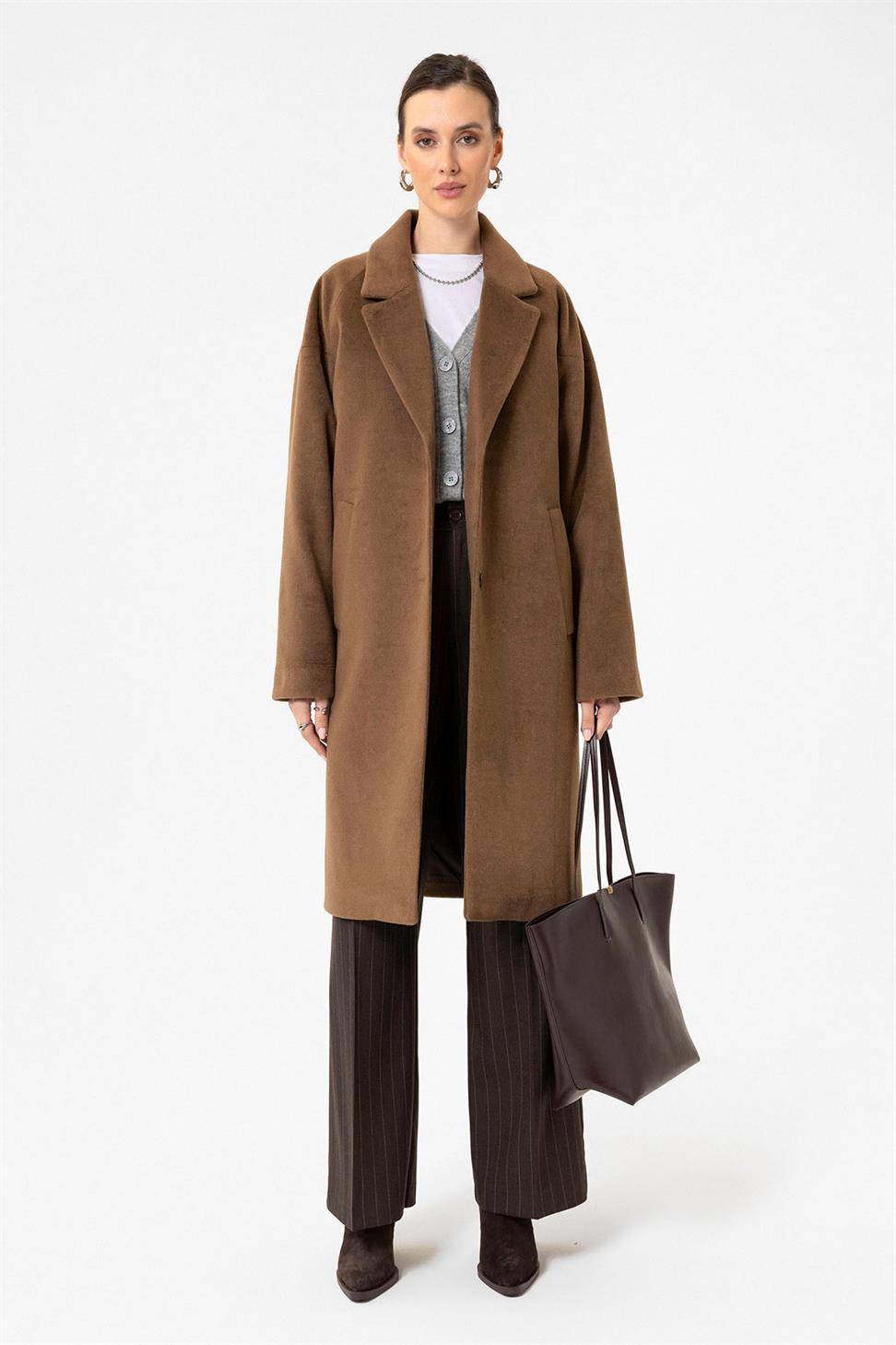 Antioch Kahve Kadın Yün Karışımlı Dokulu Kaban