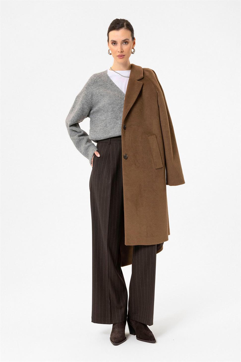 Antioch Kahve Kadın Yün Karışımlı Dokulu Kaban