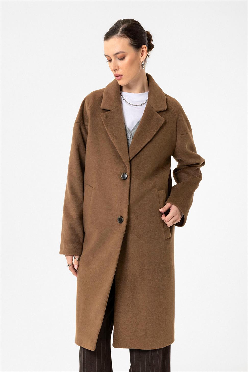 Antioch Kahve Kadın Yün Karışımlı Dokulu Kaban