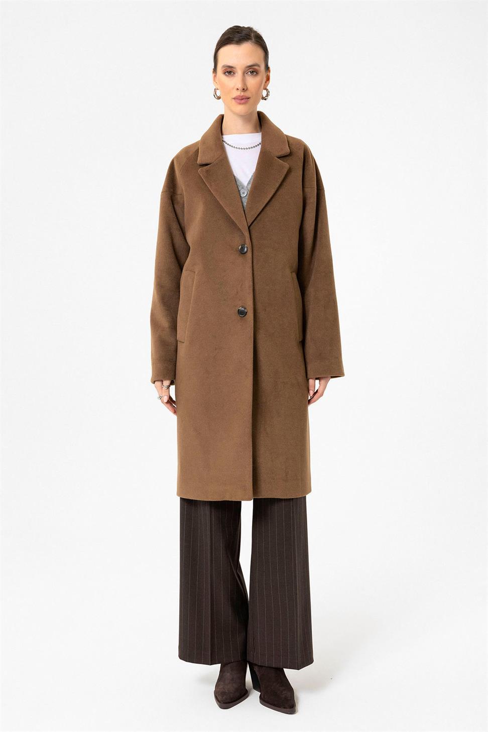 Antioch Kahve Kadın Yün Karışımlı Dokulu Kaban