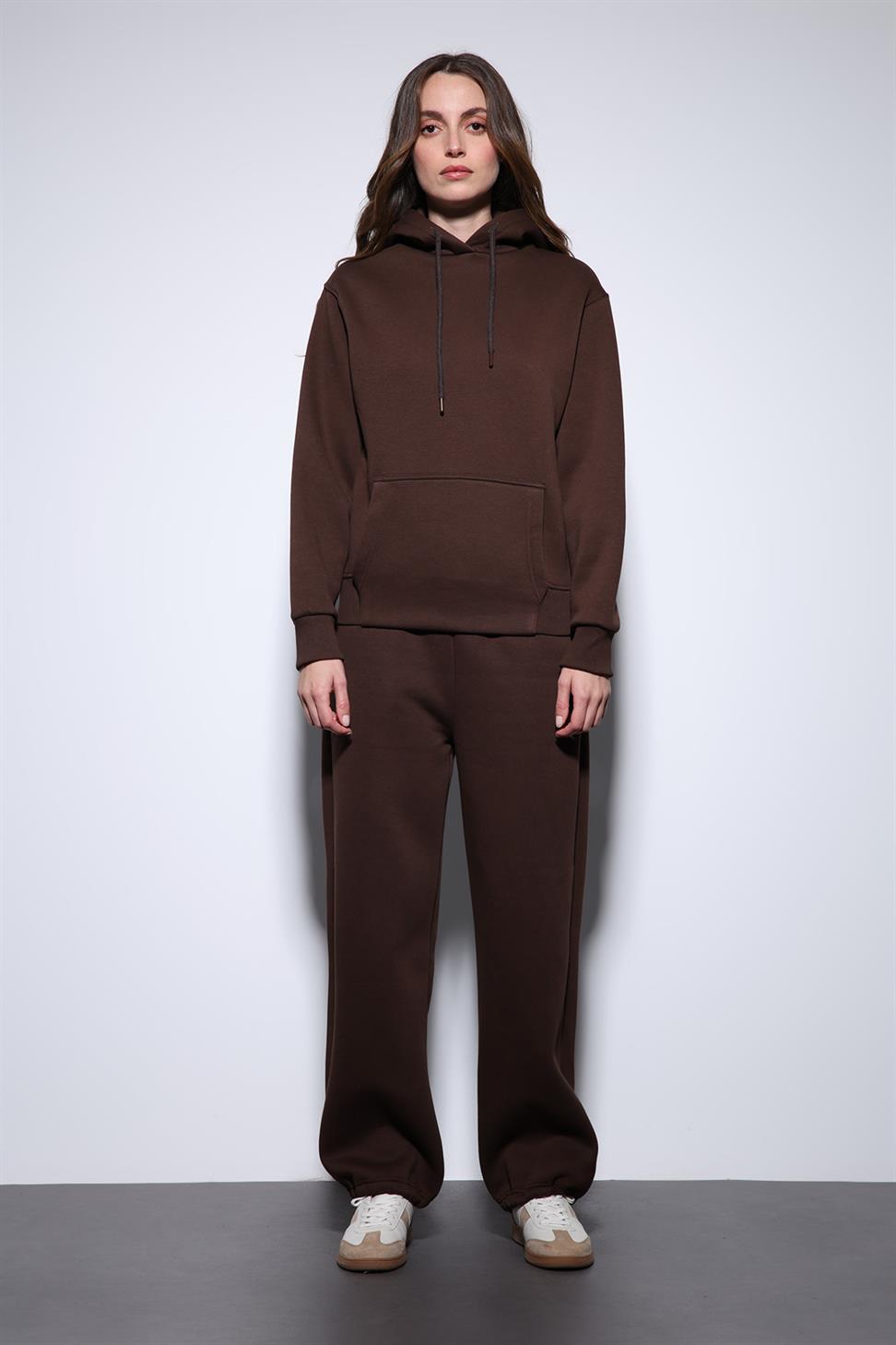 Antioch Kahve Kapüşonlu Basic Kadın Sweatshirt