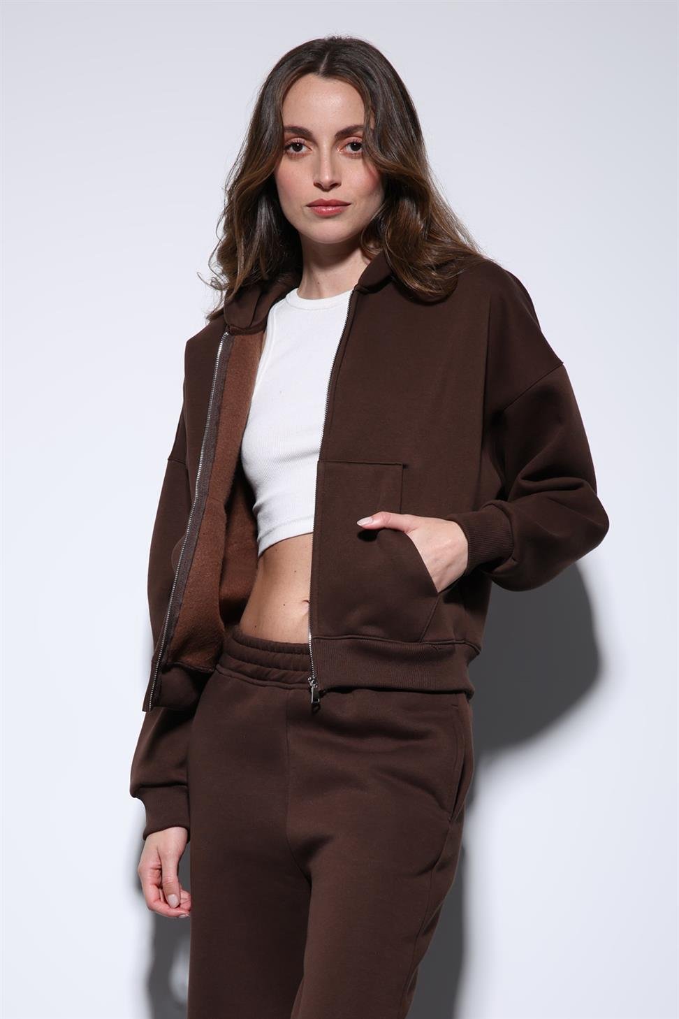 Antioch Kahve Kapüşonlu Sweatshirt Kadın Eşofman Takım